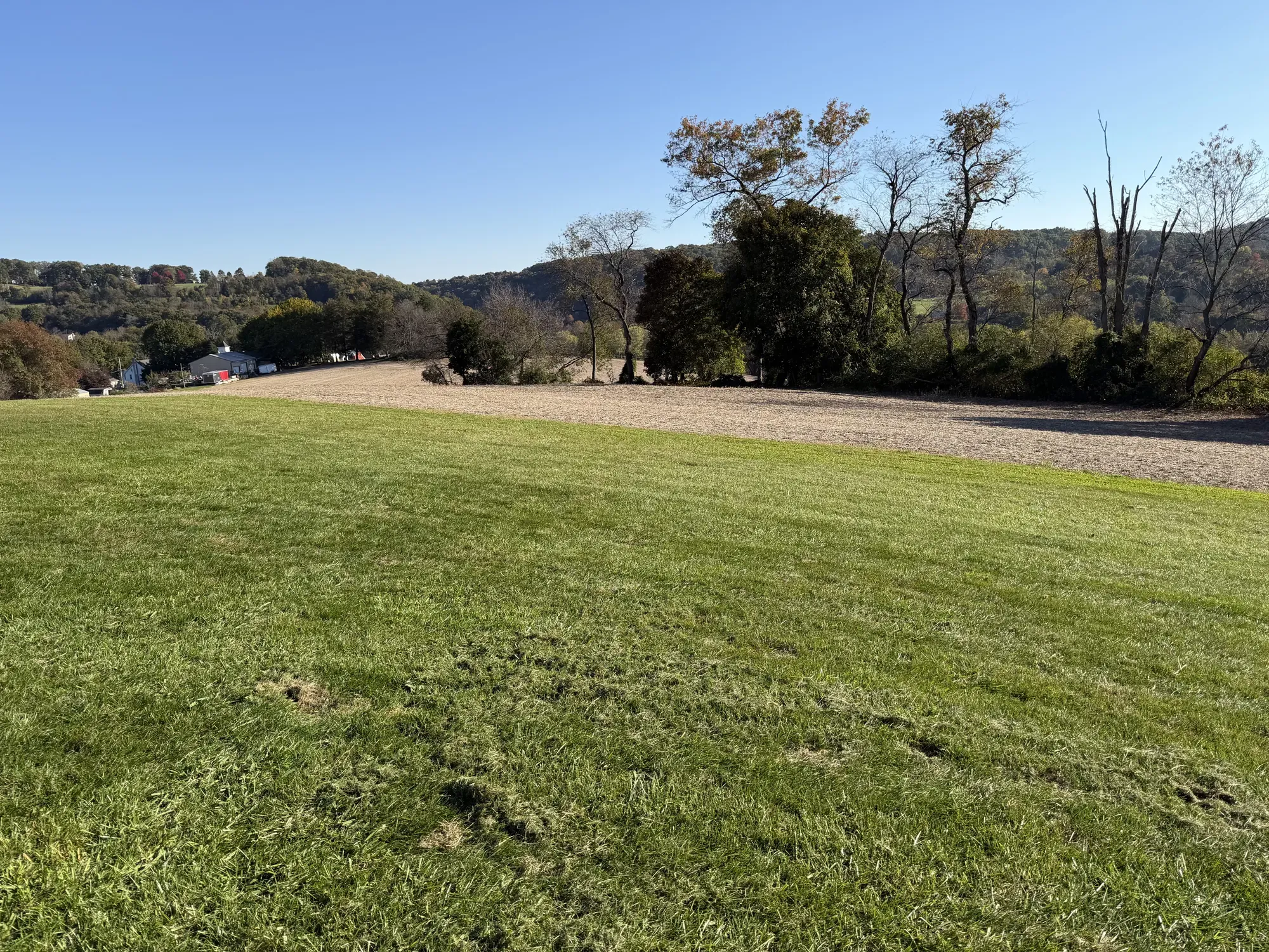 Open lawn on the Felton property, with a farm field, tree line and wooded hills beyond