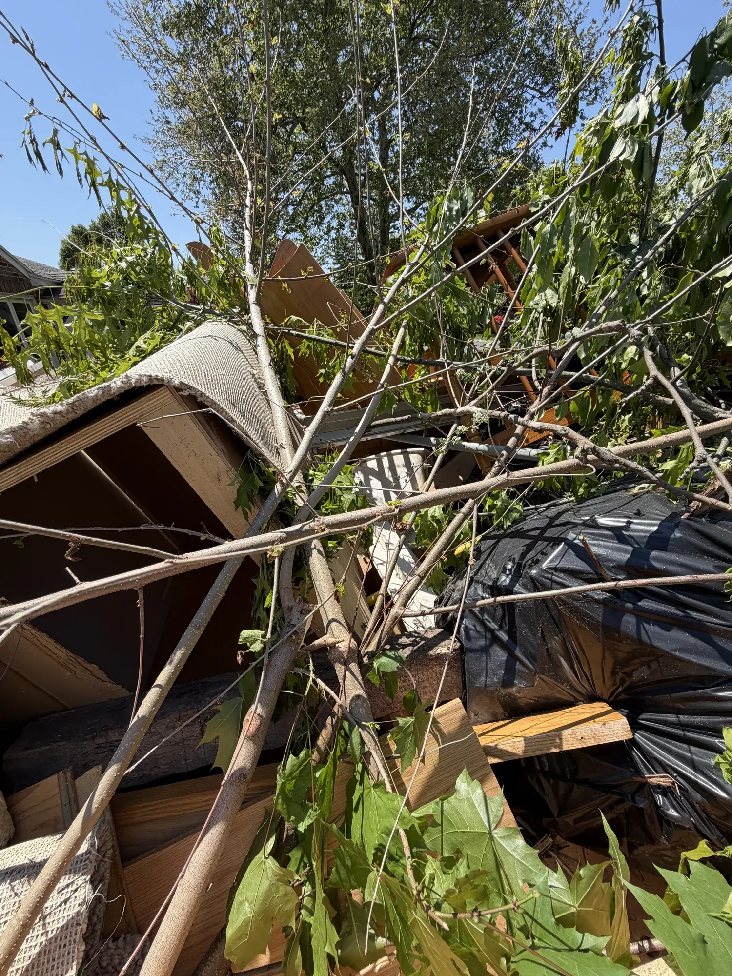 Tangle of downed branches, leaves and broken lumber loaded for haul-away after a storm